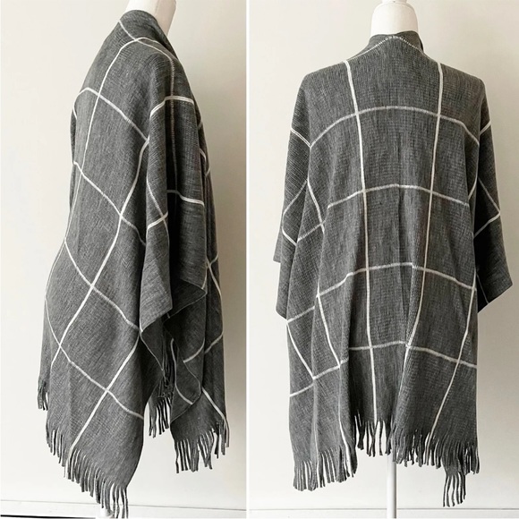 LOFT Plaid Fringe Wrap Gray/White - Picture 6 of 7